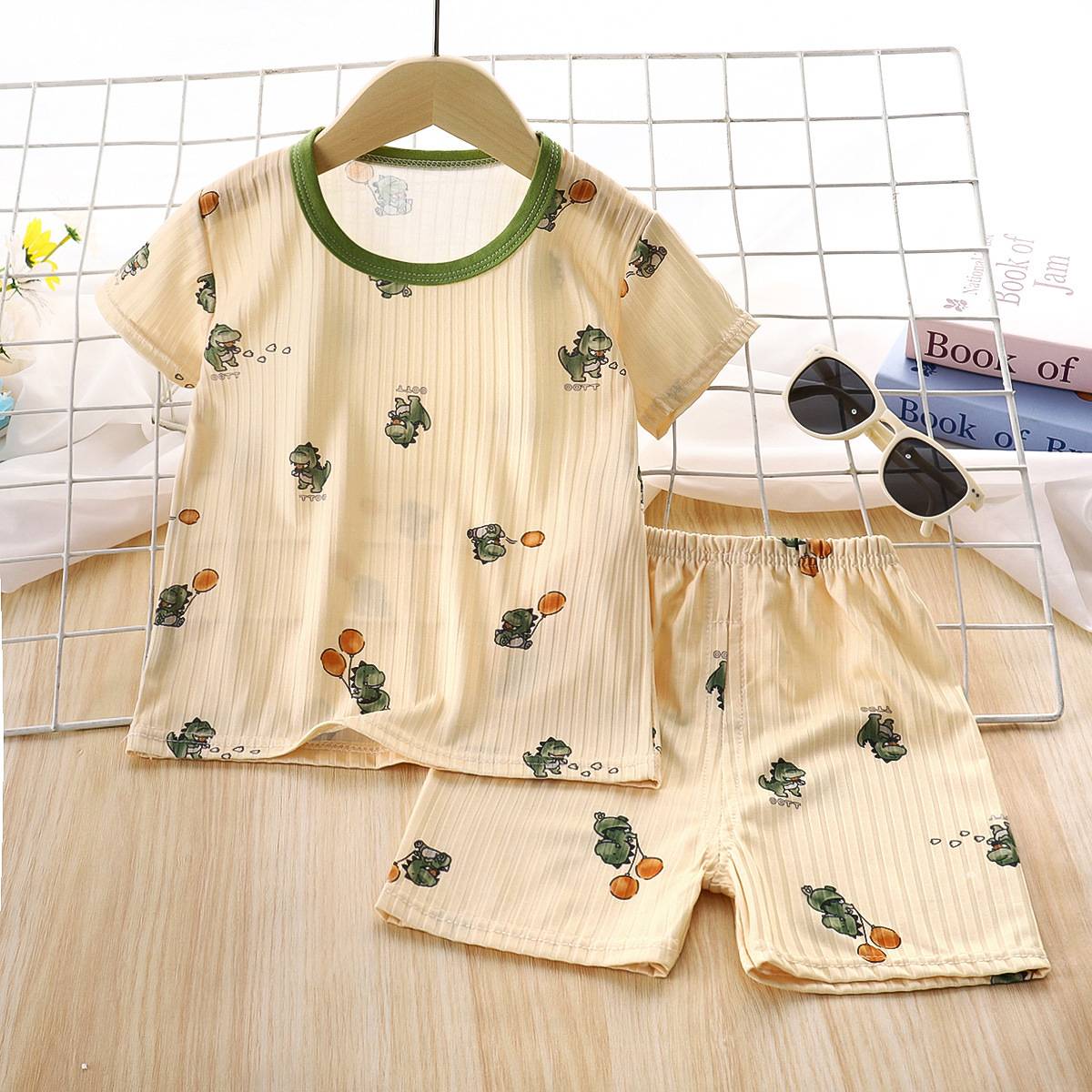 儿童夏季冰丝短袖套装男女童薄款空调服中小童宝宝睡衣家居服童装