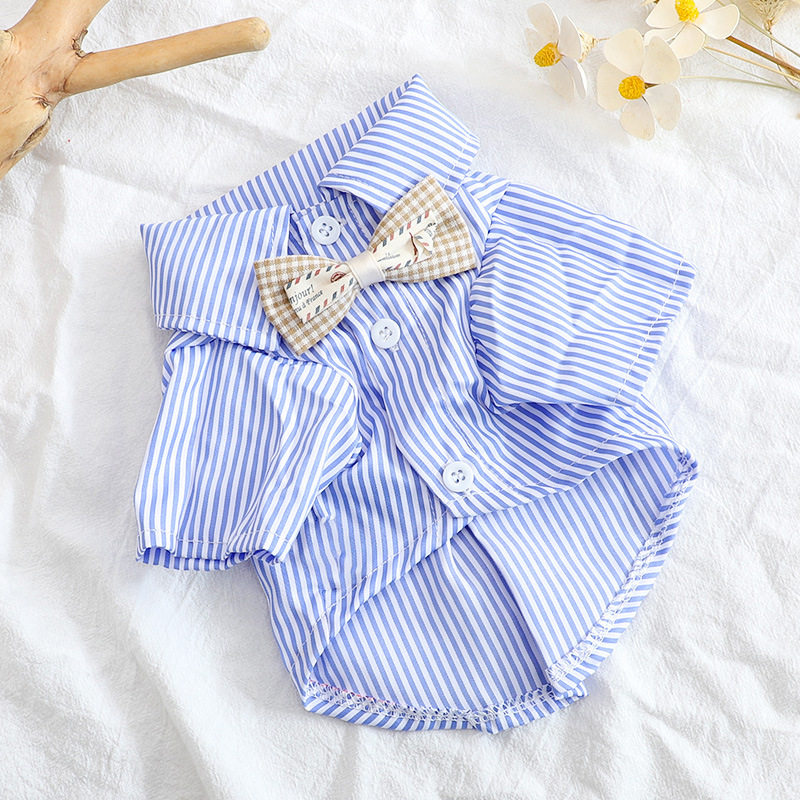 宠物短袖带领结条纹衬衫春夏季衣服泰迪柯基法斗贵宾小奶狗衣服夏