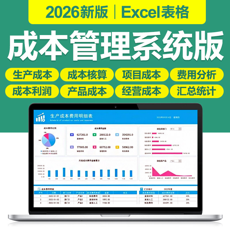 2026生产成本管理excel表格系统产品成本核算分析构成财务利润表