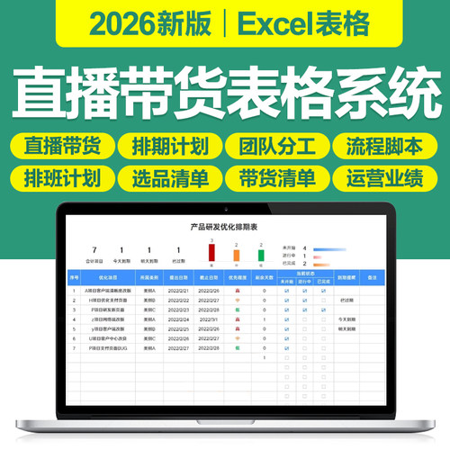 2026电商直播带货管理excel表格排班期选品清单流程脚本分工统计