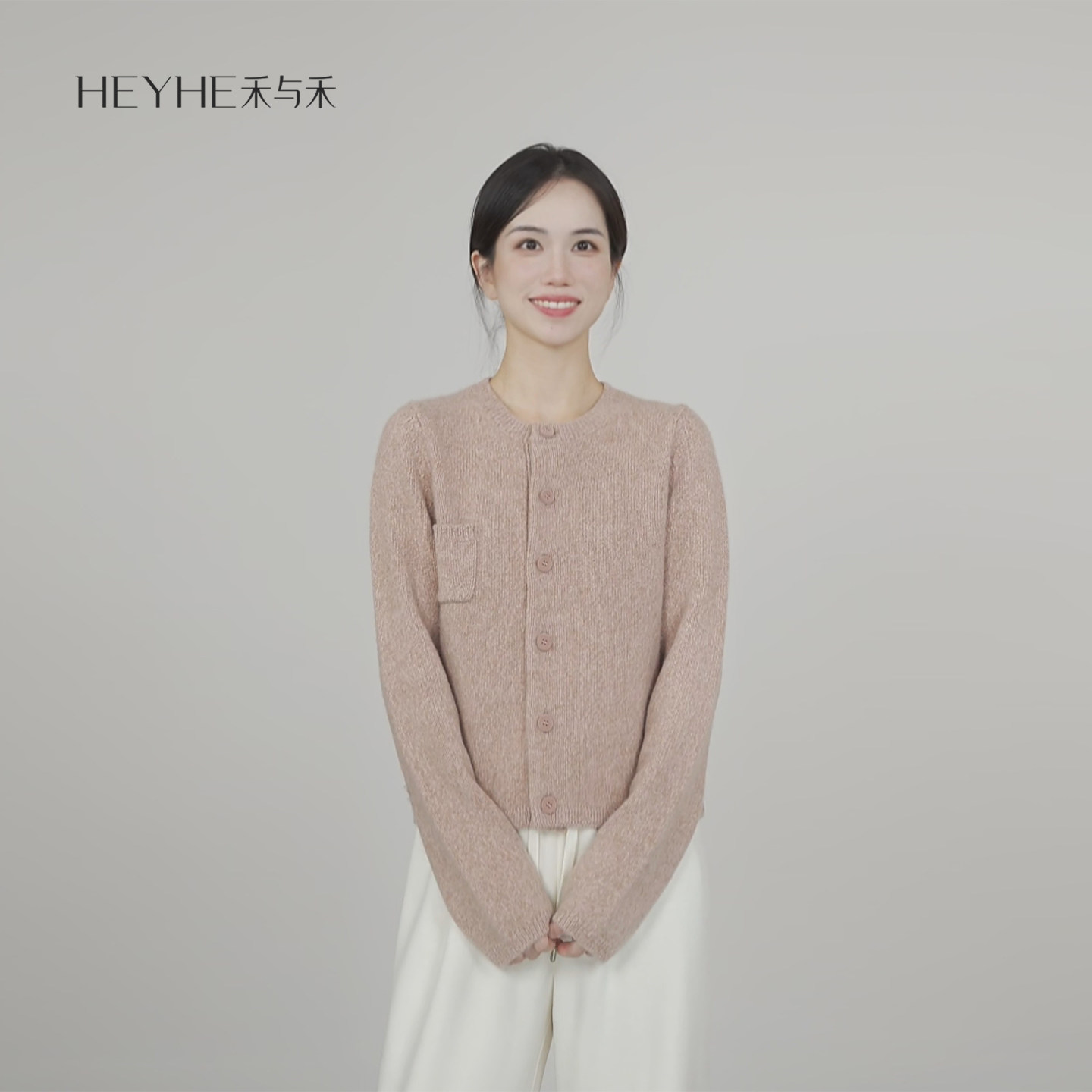 小禾【十里桃花】100康赛妮山羊绒花式纱口袋圆领针织毛衣外套女