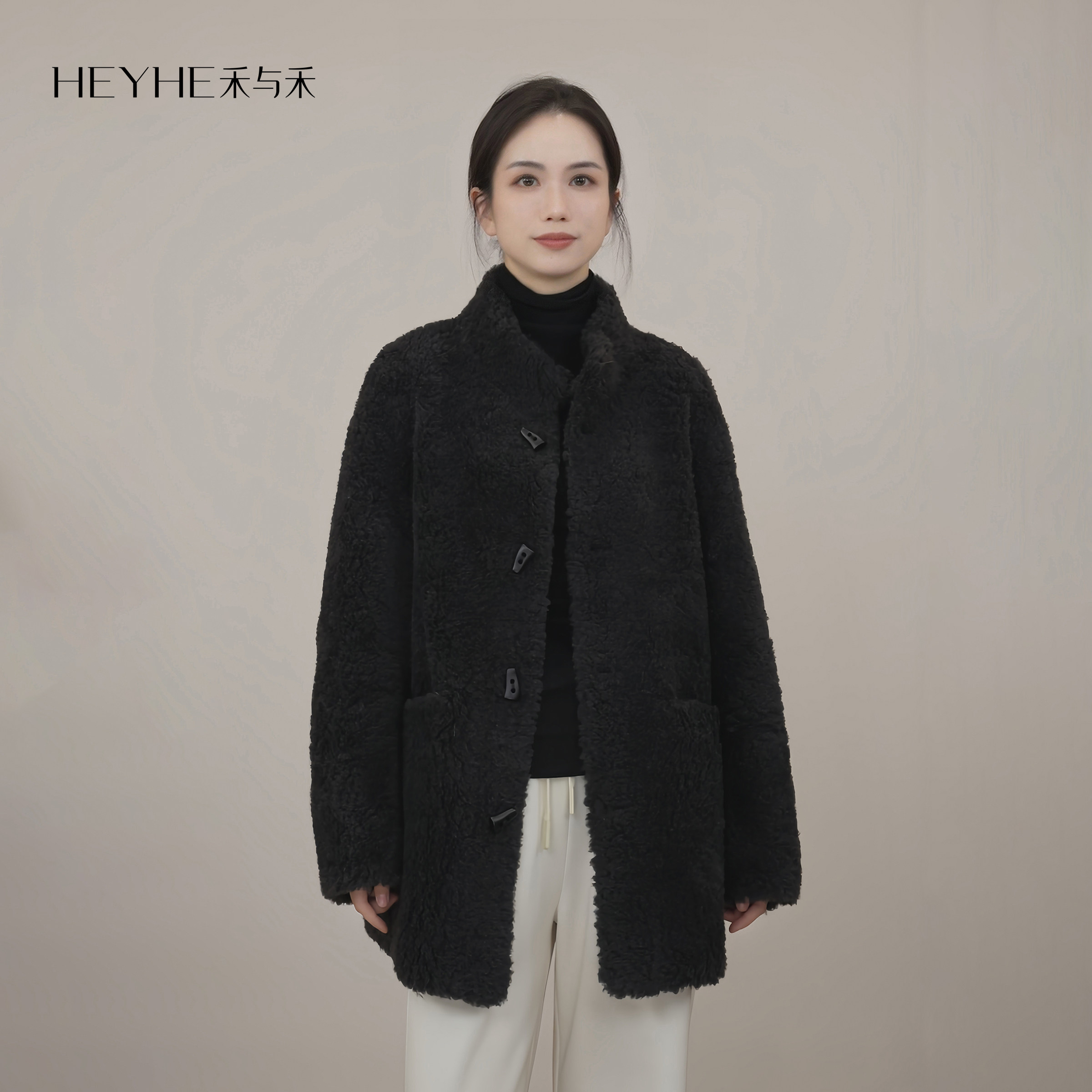 小禾【北极光】100绵羊毛牛角扣一手长保暖小立领通勤中长款外套