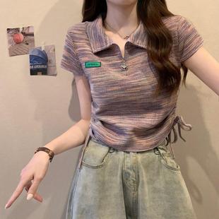 t恤女甜辣小上衣 设计感夏季 法式 短款 polo领翻领拉链冰丝针织短袖