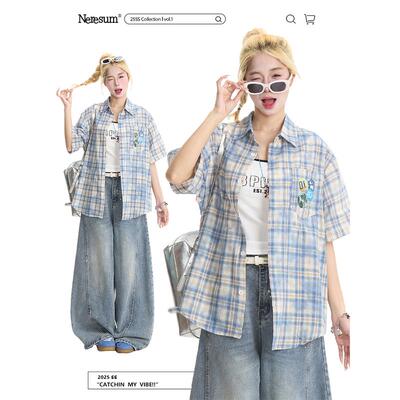 NERESUM夏季蓝色格子短袖衬衫女美式潮牌宽松百搭休闲情侣衬衣