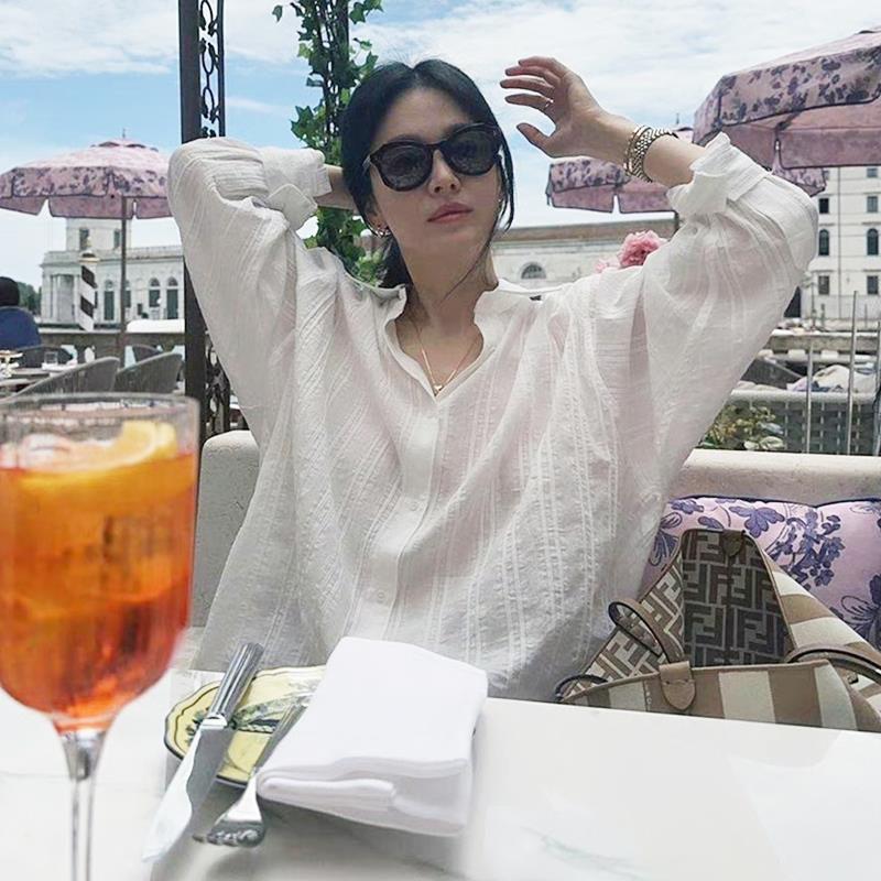 宋慧乔同款衣服春秋新款宽松薄款长袖衬衣防晒衫竖条纹白色衬衫女
