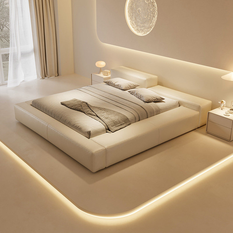 奶油风极简真皮床现代简约2米x2米主卧地台大床高端大气2026新款