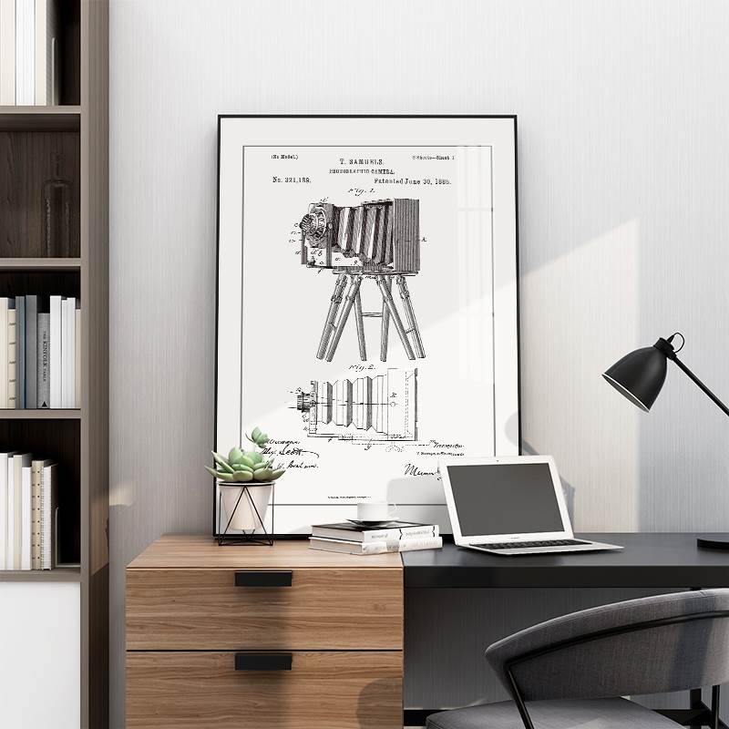 起贝 现代简约北欧摄影工作室书房装饰画工业风黑白线条相机挂画图片