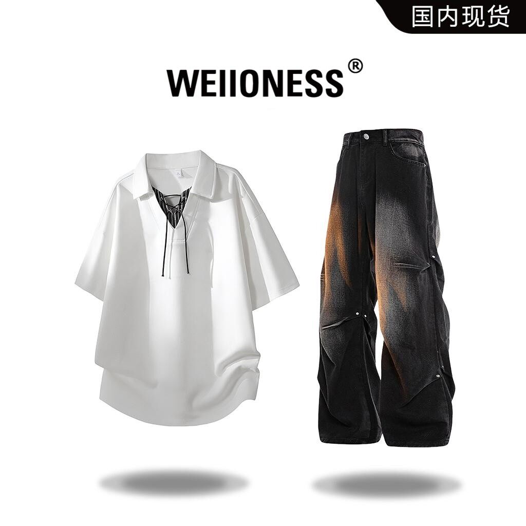 WEIIONESS高街潮流短袖T恤套装男春季休闲时尚两件套轻奢痞帅男装
