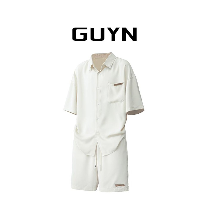 GUYN华夫格短袖衬衫套装男士夏季薄款痞帅美式休闲五分短裤两件套