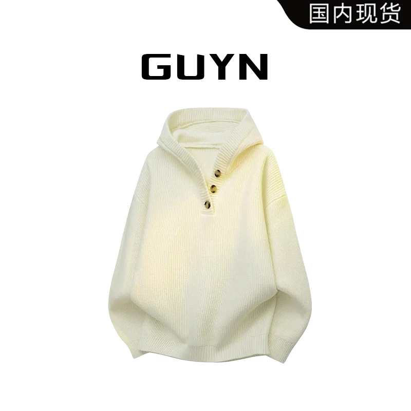 品牌现货】GUYN美式连帽毛衣男款春秋季宽松高级感情侣针织衫外套