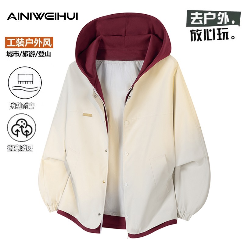 AINI秋季情侣新款假两件连帽夹克男士潮流宽松休闲工装外套上衣