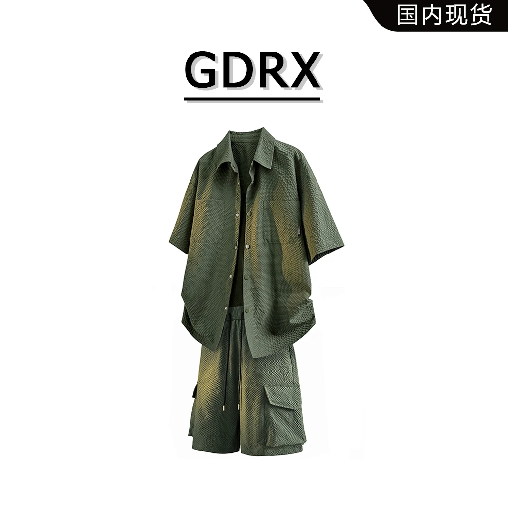 美式套装宽松短袖衬衫短裤男夏季