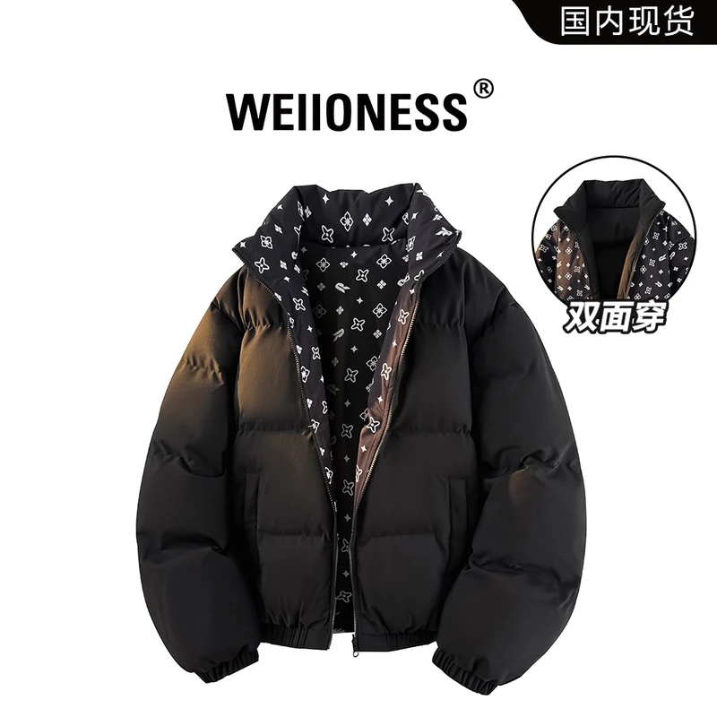 WEIIONESS双面穿时尚棉衣男款冬季潮流满印百搭棉服外套轻奢男装