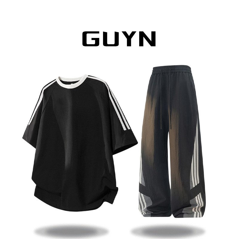GUYN条纹美式短袖T恤套装男士夏季薄款速干运动风休闲长裤两件套
