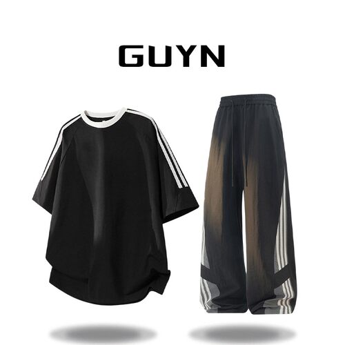 GUYN条纹美式短袖T恤套装男士夏季薄款速干运动风休闲长裤两件套