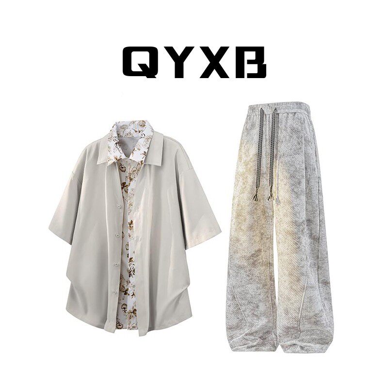QYXB假两件拼接衬衫套装男夏季新款高级感痞帅时尚花领轻奢一套