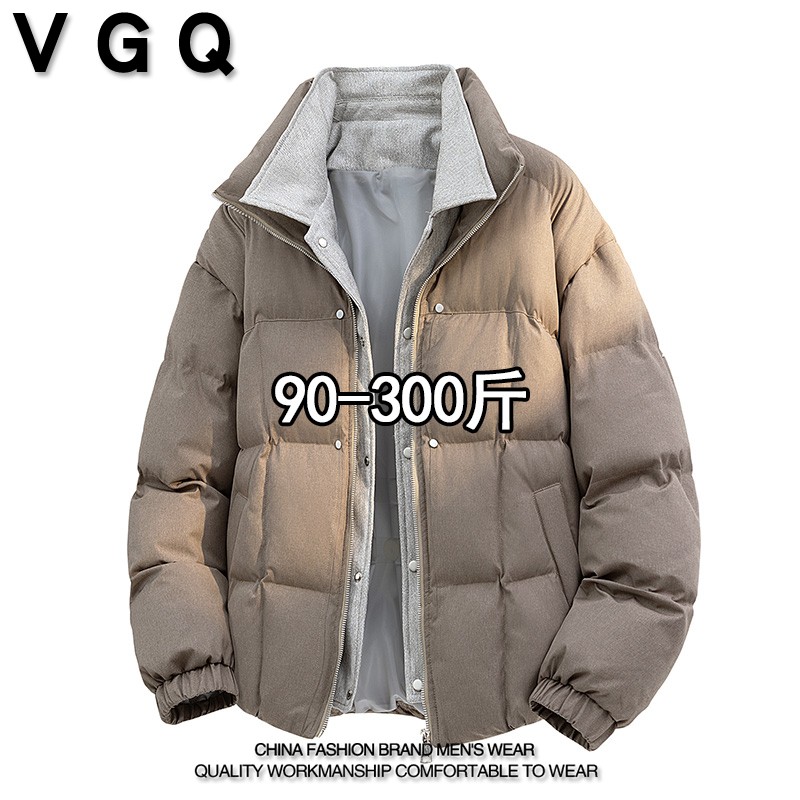 VGQ潮男假两件立领羽绒服冬季加肥大码宽松休闲保暖加厚鸭绒外套