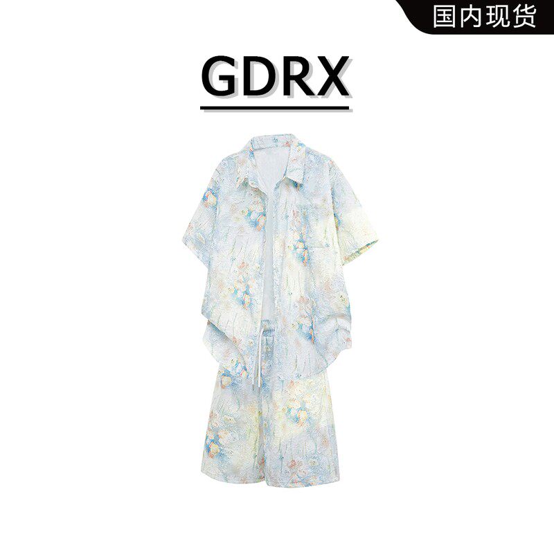 GDRX美式潮流多巴胺落肩衬衫套装2026夏季新款宽松休闲男装两件套