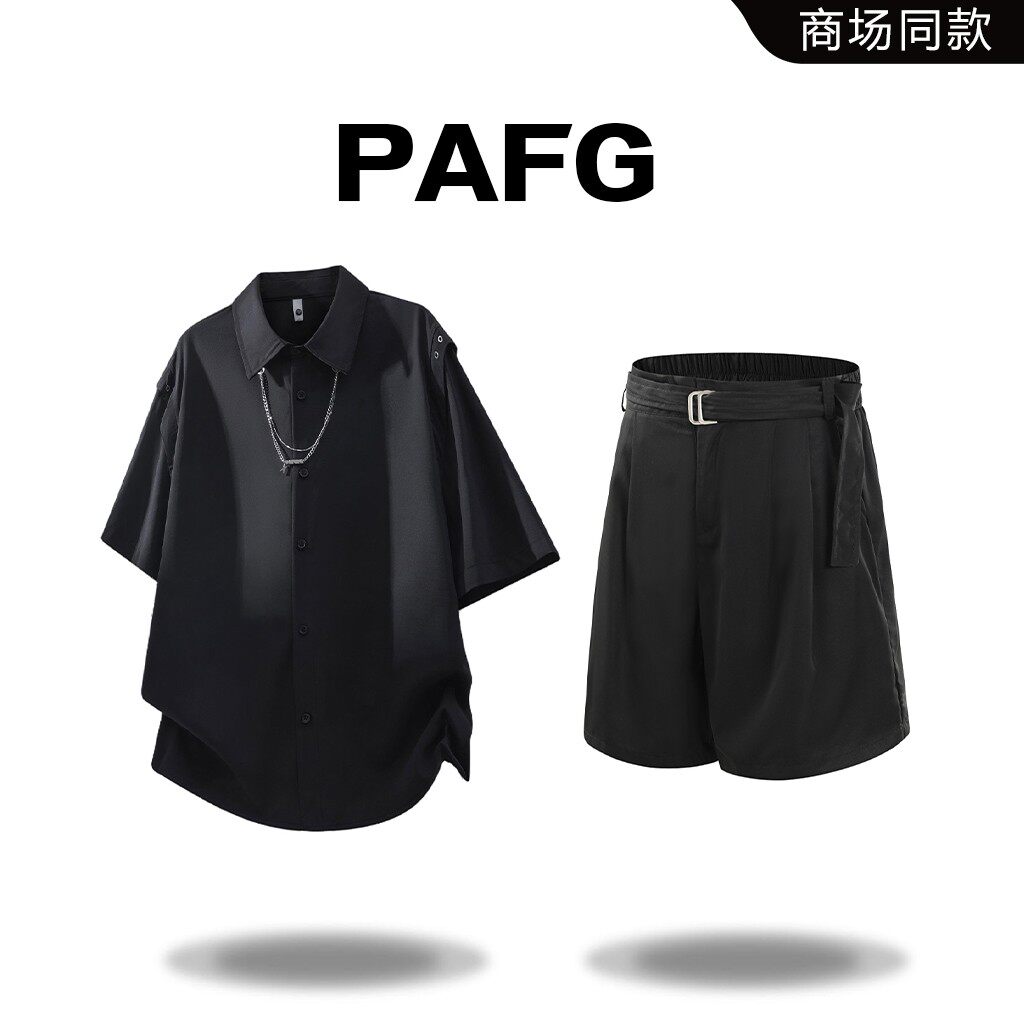 PAFG美式潮牌项链翻领短袖衬衫男夏季百搭休闲套装男装上衣两件套