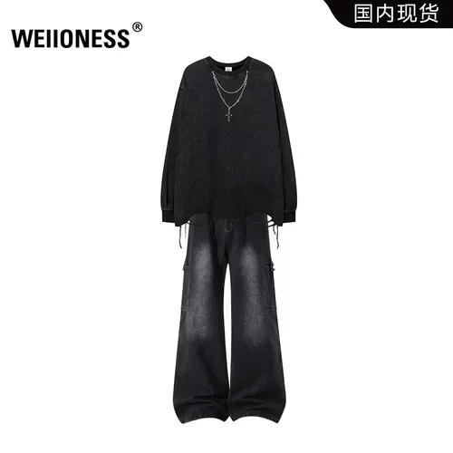 WEIIONESS美式长袖T恤套装男秋季破洞打底衫阔腿工装牛仔裤两件套