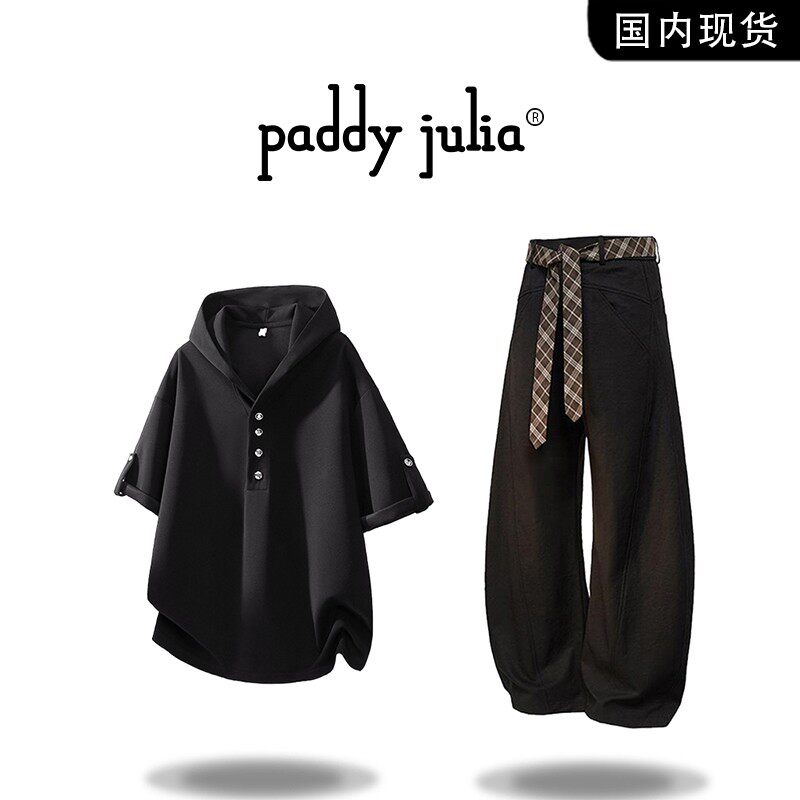 Paddy julia潮流街头连帽短袖T恤套装男士夏季薄款复古牛仔裤男装