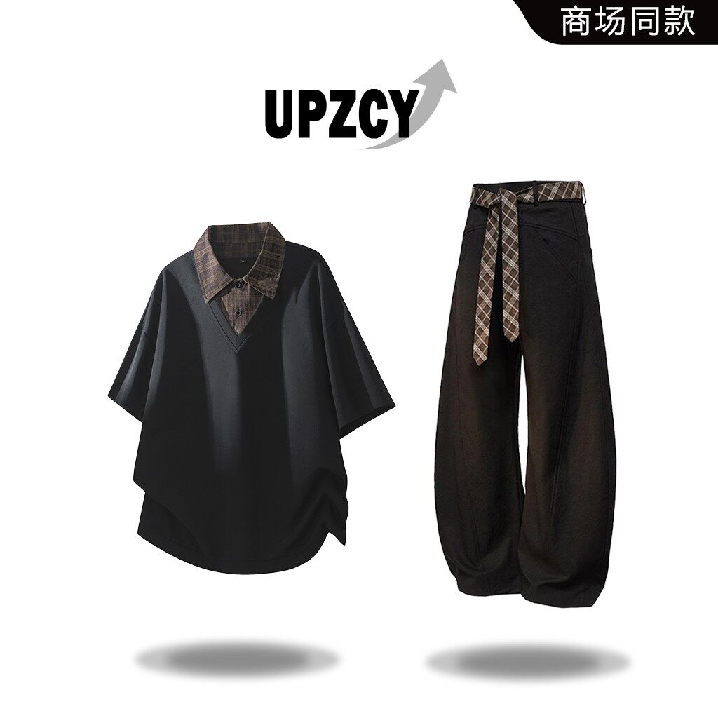 UPZCY复古假两件短袖T恤上衣男士春夏季日系慵懒风百搭套装两件套