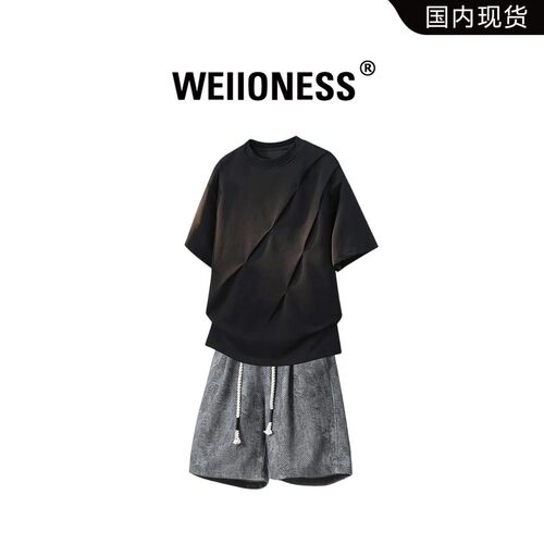 WEIIONESS高街痞帅短袖T恤套装2026夏季新款潮流休闲时尚两件套男