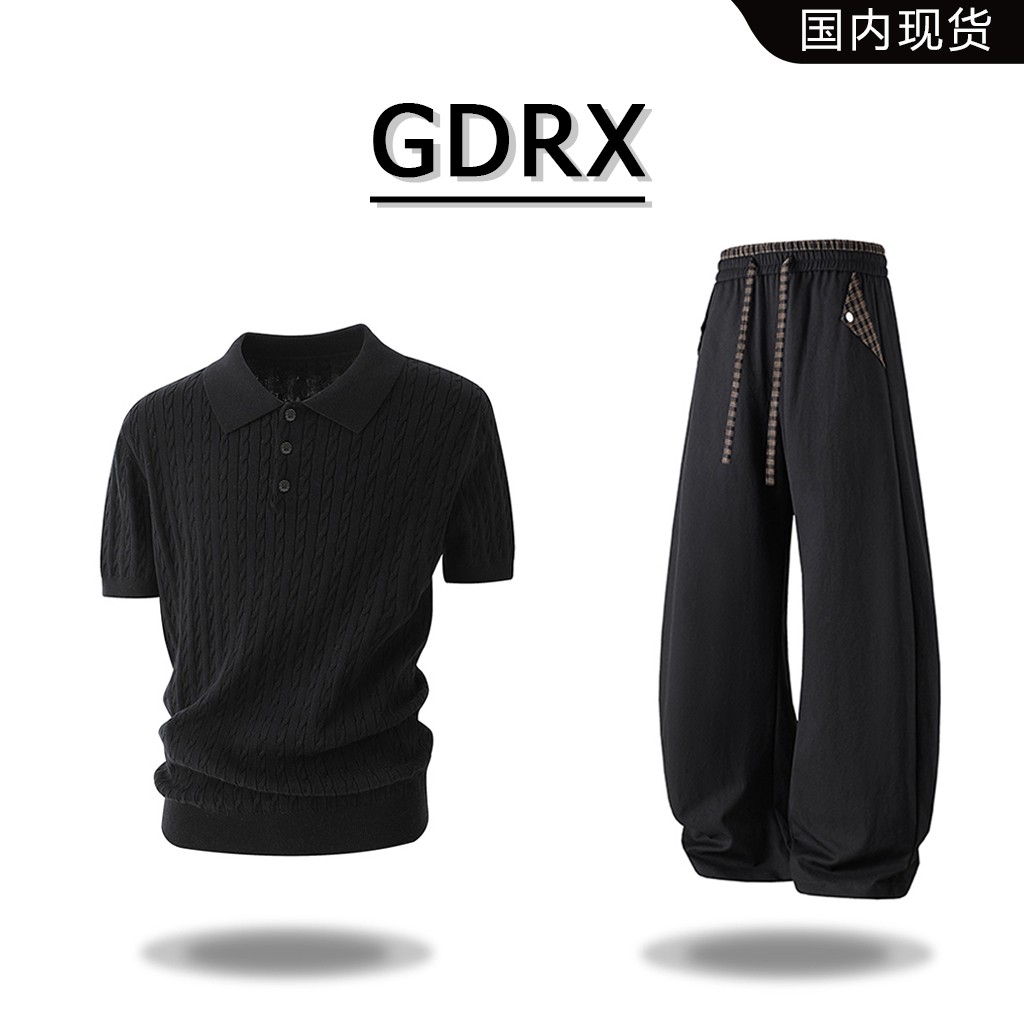 GDRX美式绞花针织短袖T恤套装2026夏季新款时尚休闲裤两件套男装