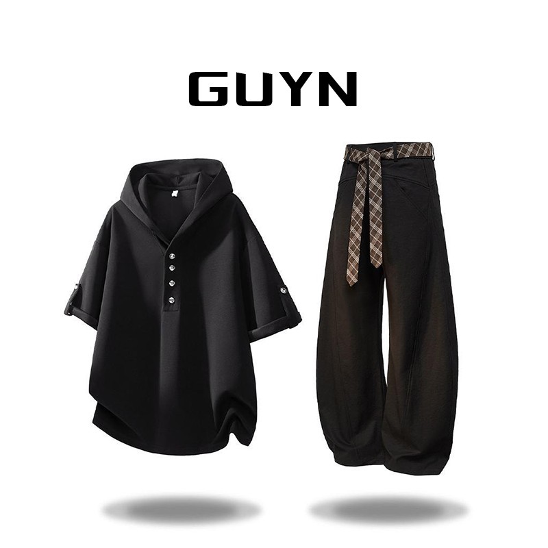 GUYN美式潮流连帽短袖T恤男士夏季排扣设计高级感帽衫男装两件套