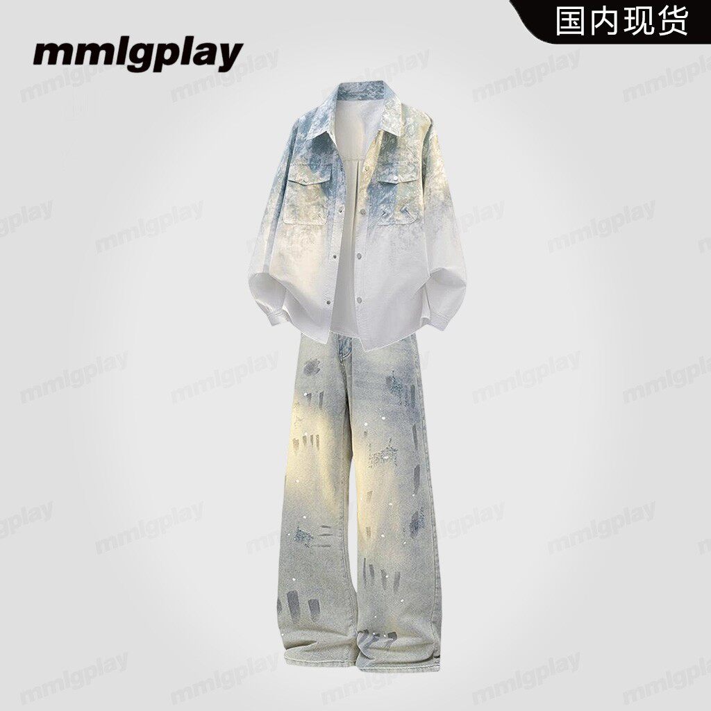 mmlgplay美式复古夹克男款春季扎染套装宽松衬衫休闲渐变轻奢外套
