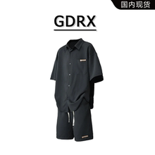 GDRX冰丝男士短袖衬衫套装2025夏季新款宽松痞帅慵懒风休闲两件套