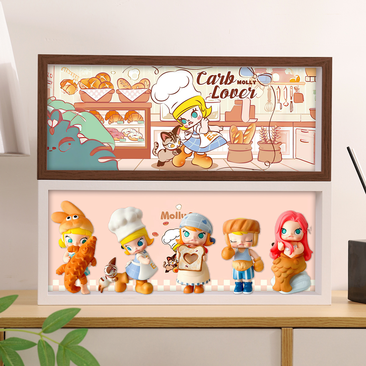 泡泡玛特茉莉盲盒molly面包脑袋展示盒手办收纳柜展示框防尘相框