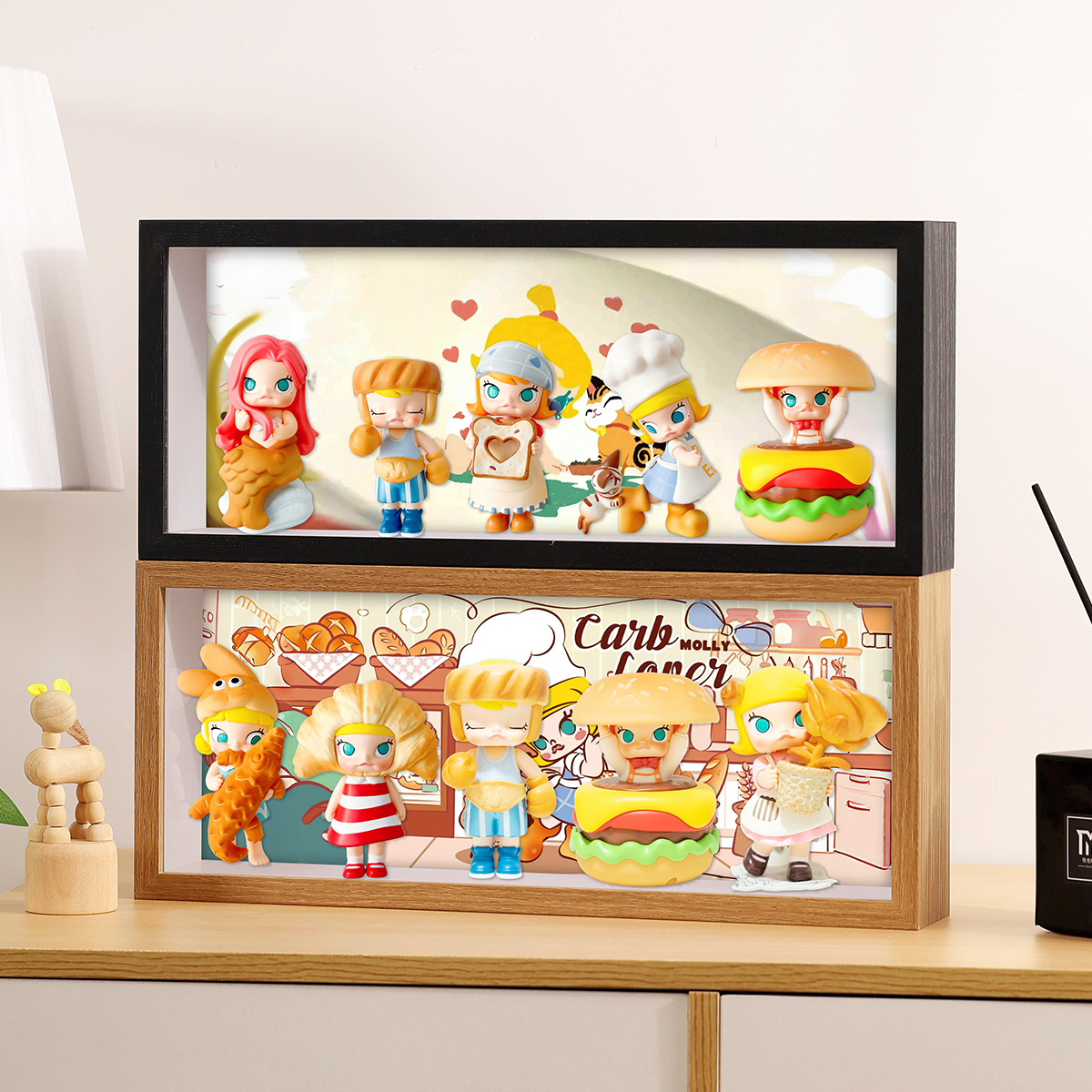 泡泡玛特molly面包脑袋盲盒收纳盒手办收纳柜茉莉展示框防尘相框