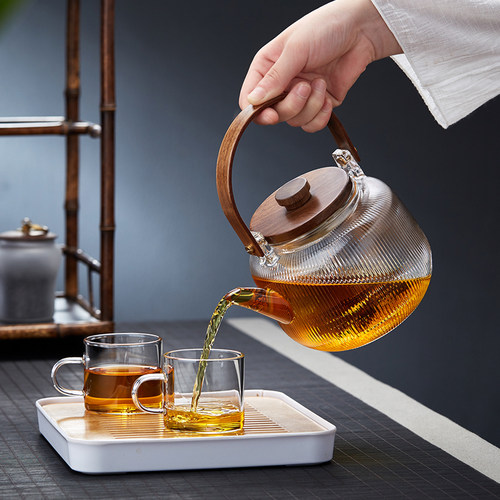 胡桃木双内胆玻璃壶提梁泡茶烧水壶蒸茶器家用耐高温黑晶炉煮茶壶