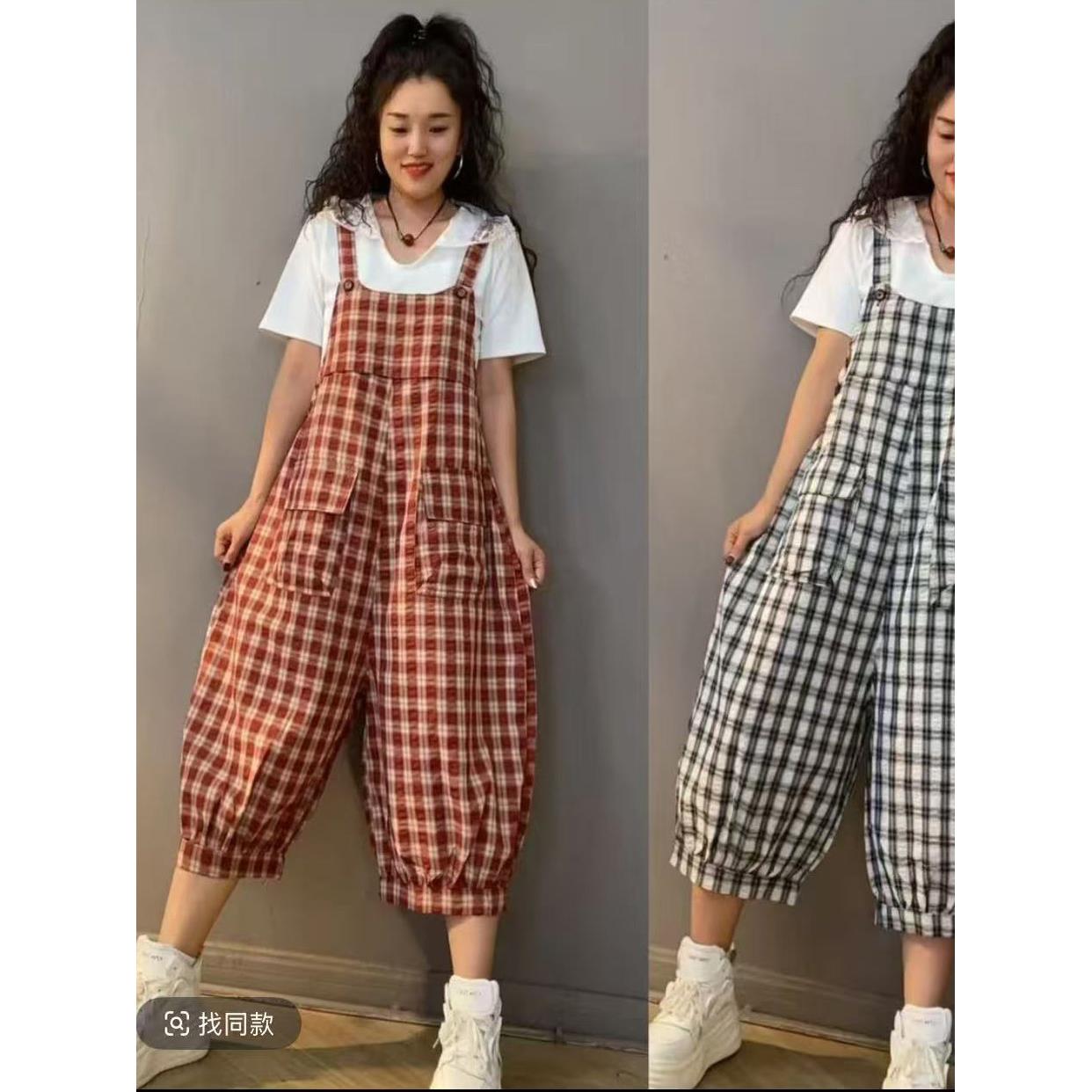 格子棉麻背带裤女2025夏季