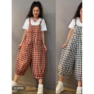 格子棉麻背带裤女2025夏季文艺大码夏季高腰八分休闲连体裤