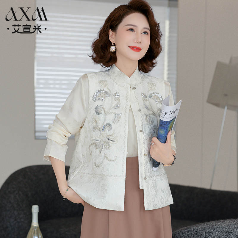 中年妈妈新中式国风刺绣马甲外套女春季2025新款手工钉珠亮片上衣