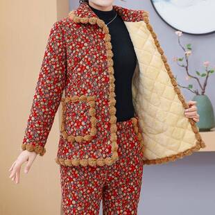 新款 套装 加绒加厚保暖棉衣棉裤 碎花时尚 两件套女士中年妈妈装 冬季