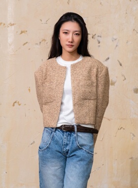 Link Exchange短款阔肩混色羊毛粗花呢夹克_摩登中古感无扣外套