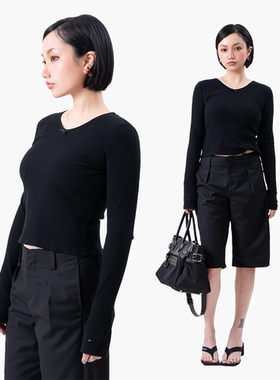 Link Exchange蝴蝶结水洗破洞短版长袖T恤_小V领袖套内搭上衣