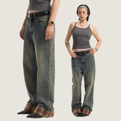 Link Exchange格纹翻边洗水做旧脏脏牛仔裤_复古分割低腰直筒裤