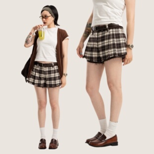 Link Exchange书呆子低腰学院裙裤短裤_棕格纹/深藏青双色可选