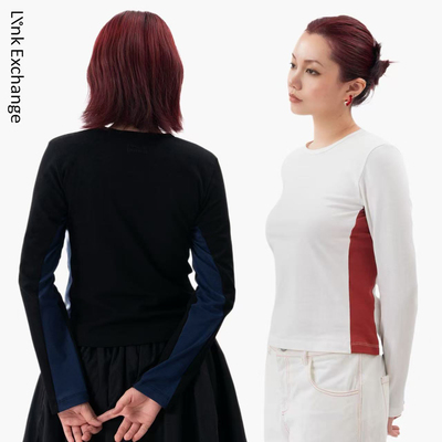 Link Exchange拼色圆领正肩长袖上衣_纯棉百搭设计感T恤
