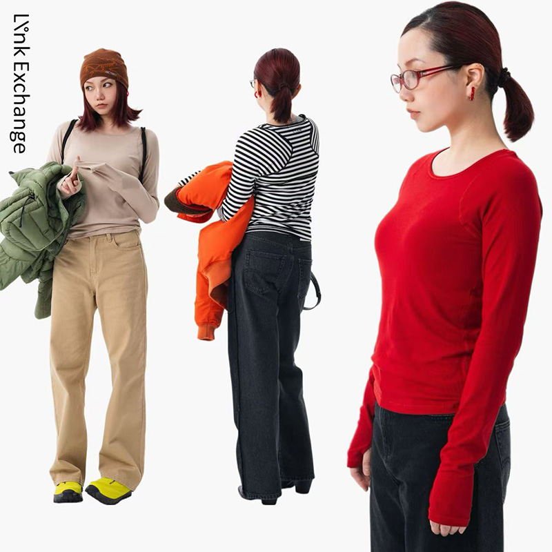 Link Exchange拼缝假两件设计圆领长袖上衣_三色可选_第二件7折