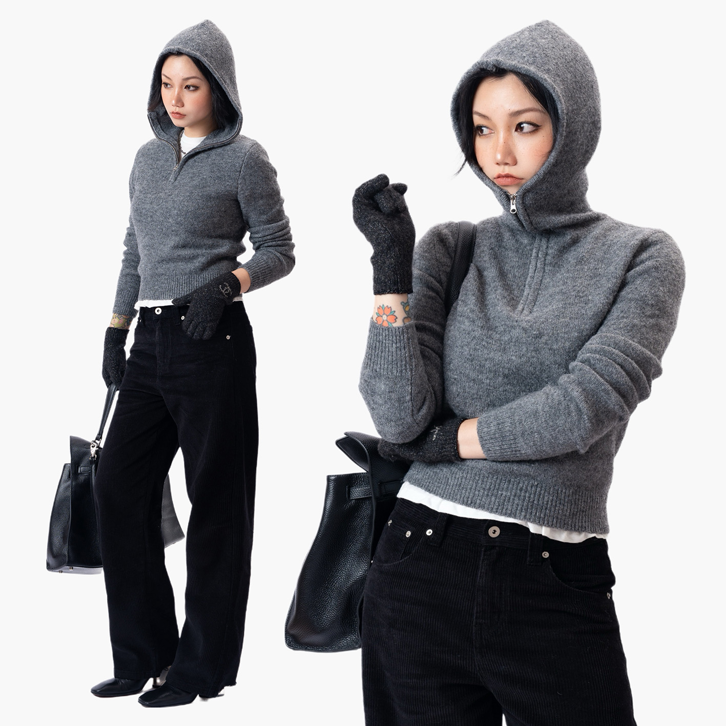 Link Exchange连帽护脖短款马海毛衣_蓬松软糯保暖拉链针织衫