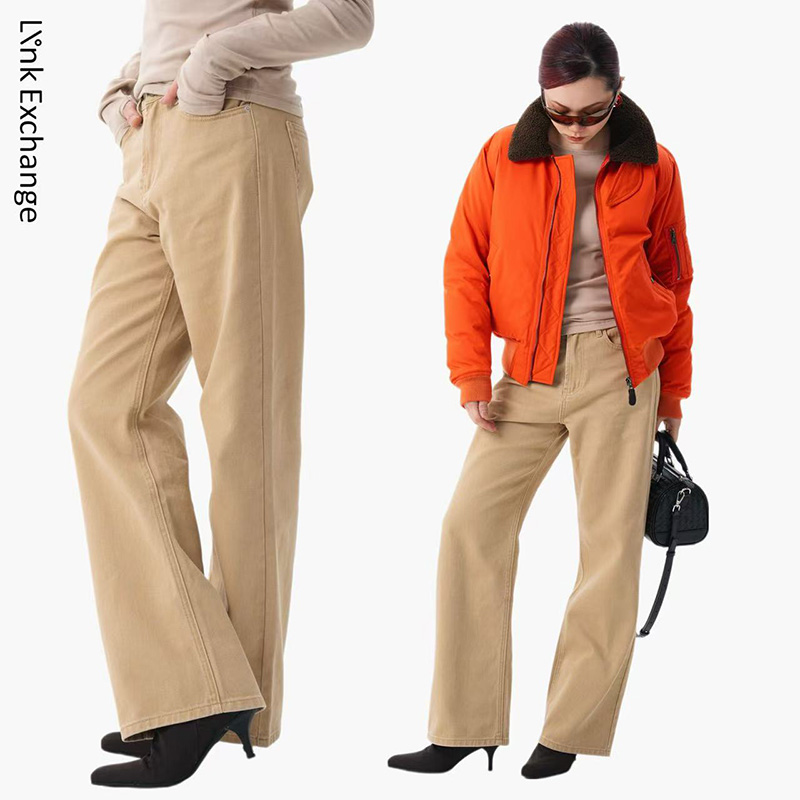 Link Exchange水洗米驼色直筒宽腿牛仔裤_百搭实穿日常感长裤