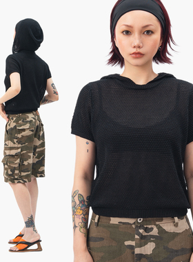 Link Exchange夏日亚麻连帽针织短袖上衣_网格钩花不闷热