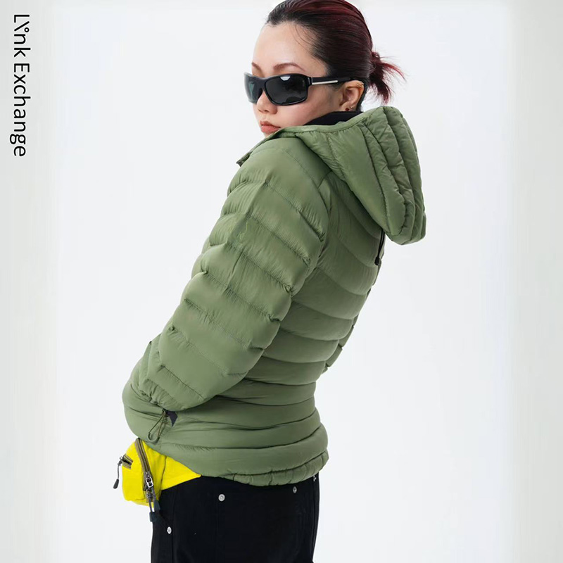 Link Exchange抹茶绿轻便连帽排骨羽绒服_廓形收腰外套时髦御寒