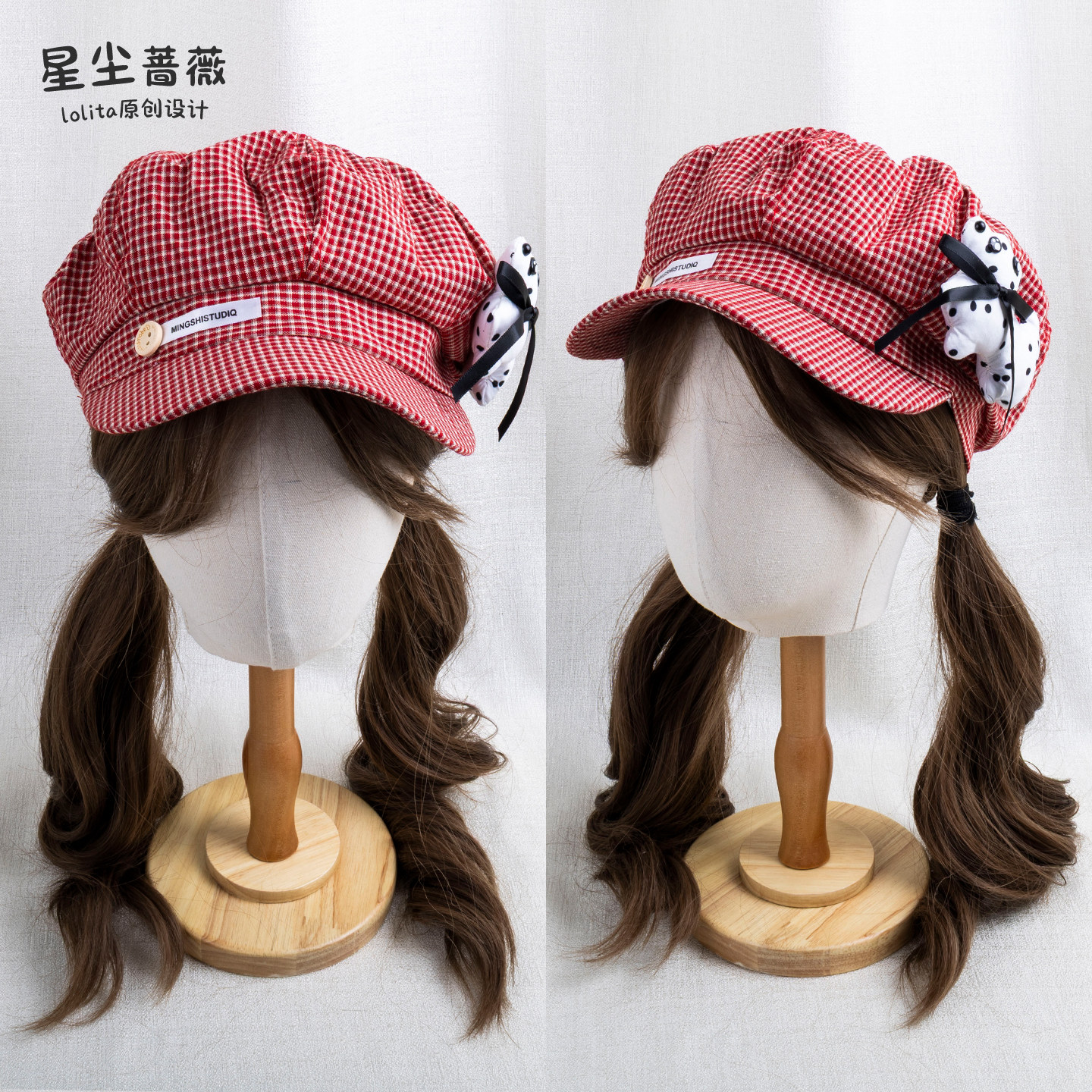 星尘蔷薇原创设计波点小狗帽格纹贝雷帽显脸小八角文艺画家帽子女