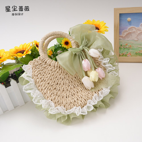 星尘蔷薇洛丽塔蕾丝草编手提包